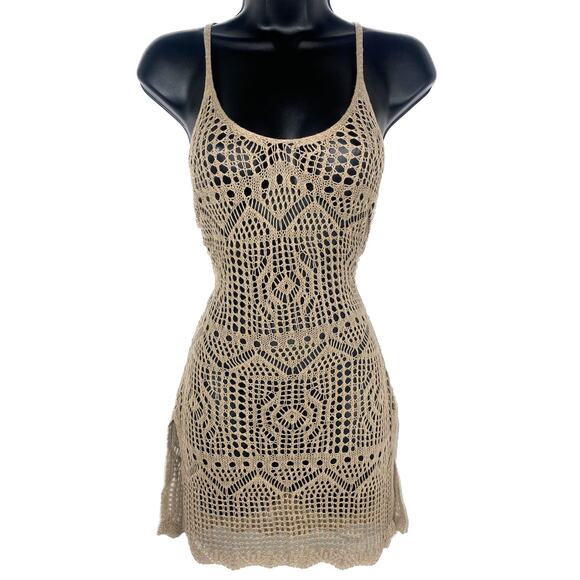 New Medium Khaki Tan Beige Knit Crochet Swimsuit Cover Up Mini Dress Slit Beach - Picture 2 of 7